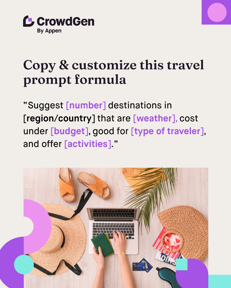 crowdgenbyappen's tweet image. ✈️ Not sure where to go this summer? Let AI help you decide.
Just tell it what you’re looking for—like “sunny, uncrowded, under $800”—and get instant recommendations.

🧳 The prompt is on Slide 3!

#CrowdGen #HuggingChat #AIPromptIdeas #BudgetTravel #RemoteWorkLife #AIForEveryone