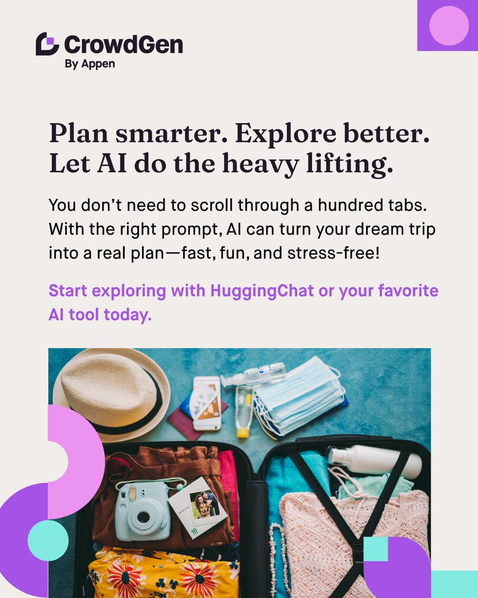 crowdgenbyappen's tweet image. ✈️ Not sure where to go this summer? Let AI help you decide.
Just tell it what you’re looking for—like “sunny, uncrowded, under $800”—and get instant recommendations.

🧳 The prompt is on Slide 3!

#CrowdGen #HuggingChat #AIPromptIdeas #BudgetTravel #RemoteWorkLife #AIForEveryone