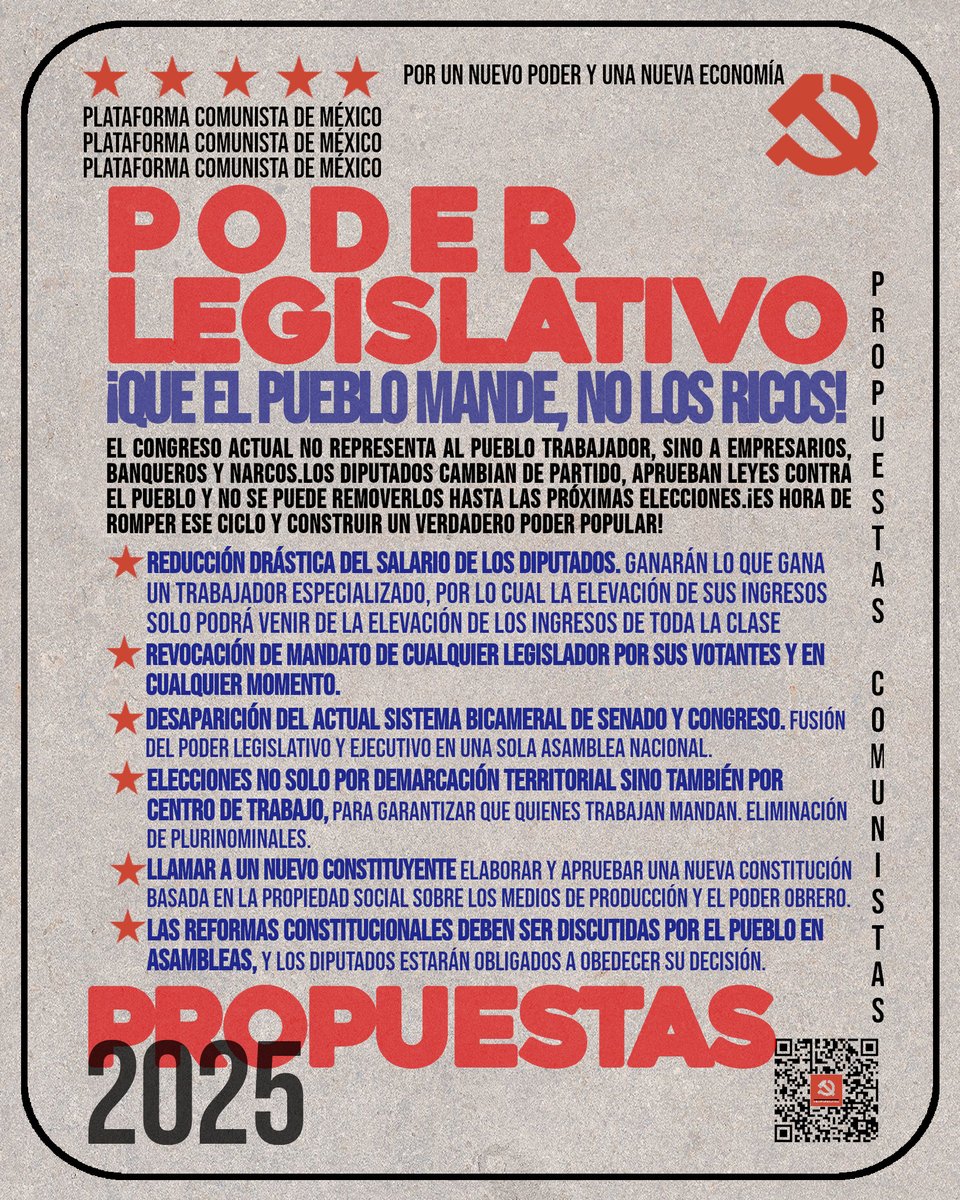 PlataformaPCM's tweet image. #PropuestasPCM ¿Qué proponemos respecto al poder legislativo?

El actual sistema de representación  parlamentario es corrupto en su esencia, los legisladores no representan  la voluntad de los votantes de la clase trabajadora y los sectores  populares, sino sus propios intereses…