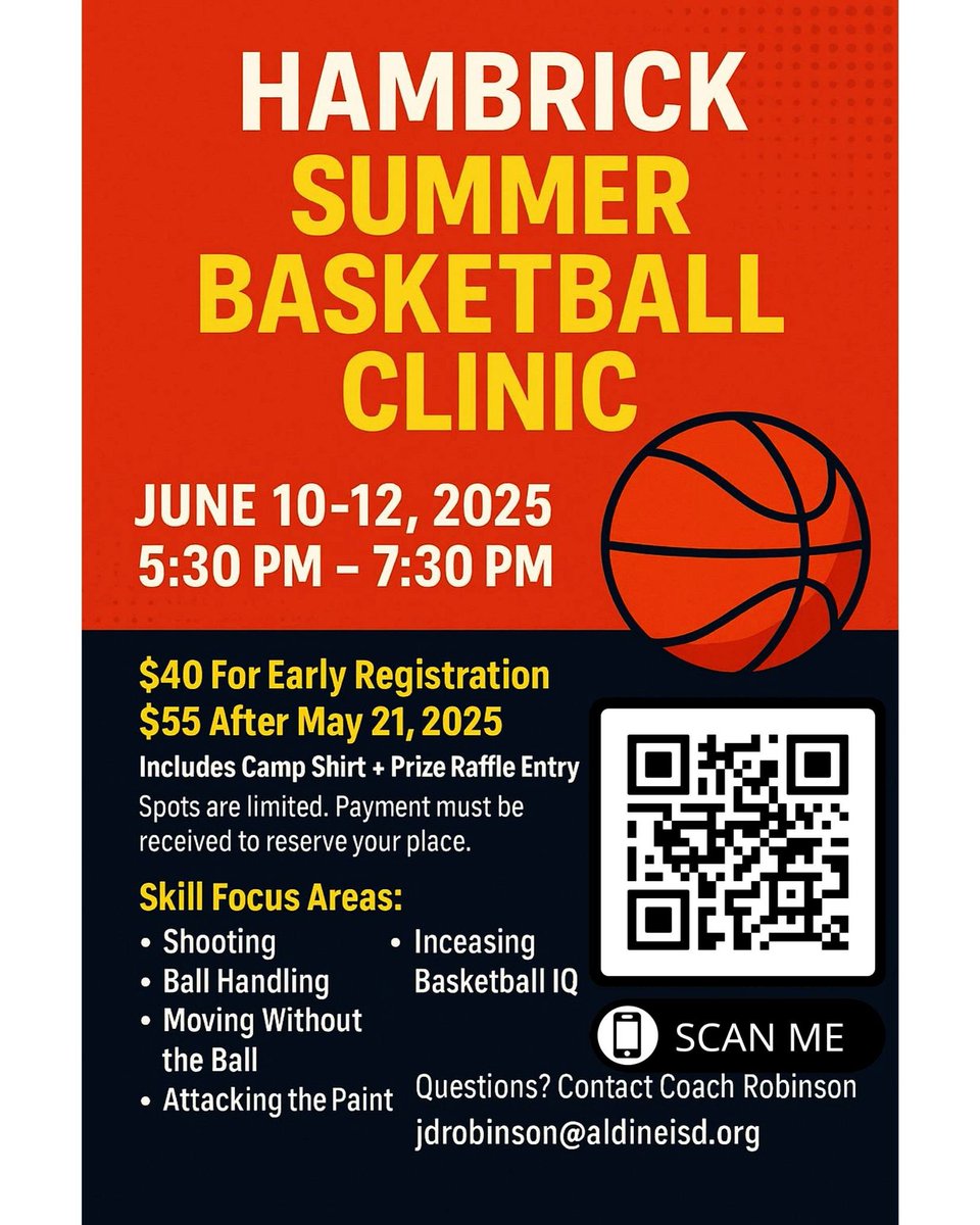 🏀 Only 10 Spots Left!
Don’t miss your chance to get better, stay competitive, and have fun at the 2nd Annual Hambrick Basketball Clinic!

📍 Hosted by me at Hambrick Middle School
📅 Spots are filling up fast—secure  your spot today