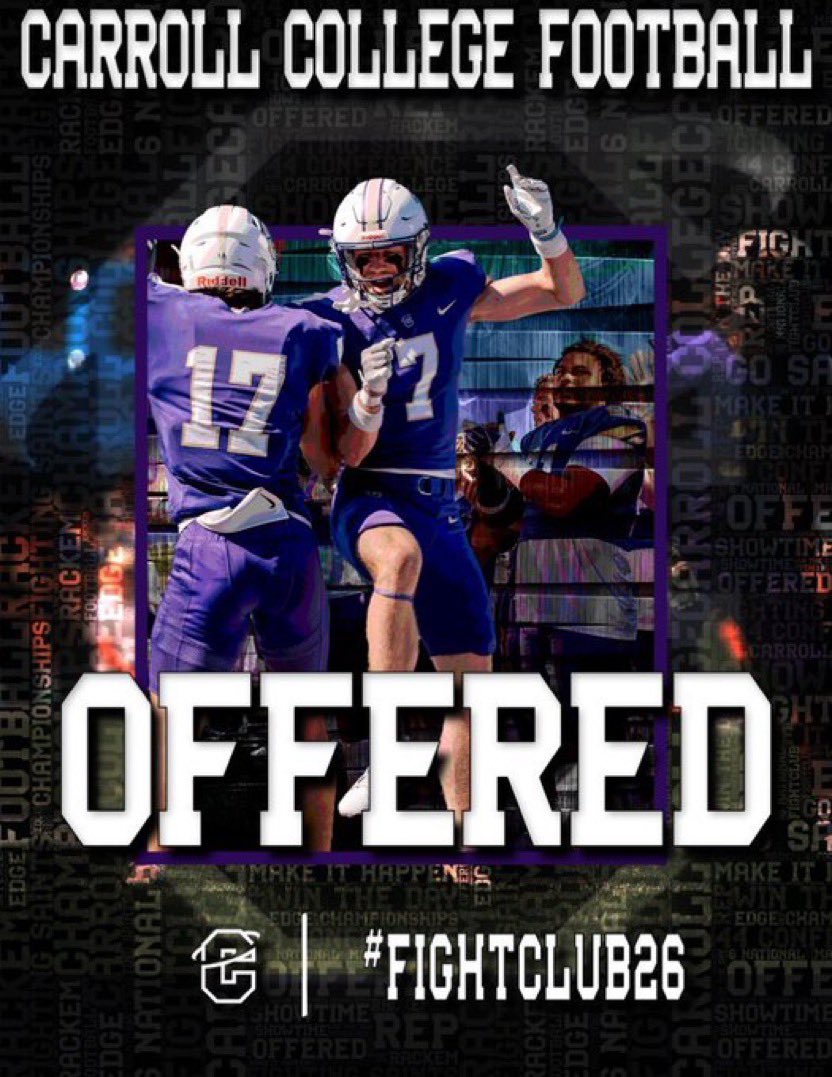 Evan Pyron (@evanpyron2026) on Twitter photo After a great conversation with <a href="/CoachTPurcell/">Coach Troy Purcell</a> I am honored to receive an offer play for <a href="/FootballCarroll/">Carroll College Football</a> ! After a great conversation with <a href="/CoachTPurcell/">Coach Troy Purcell</a> I am honored to receive an offer play for <a href="/FootballCarroll/">Carroll College Football</a> !