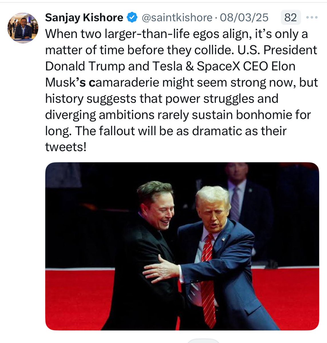 saintkishore's tweet photo. मैंने तो मार्च में ही भविष्यवाणी कर दी थी…
#TrumpVsMusk #ElonDeleted #DOGEgate #BigBeautifulBill #MuskResigns https://t.co/VPtuqv8suQ