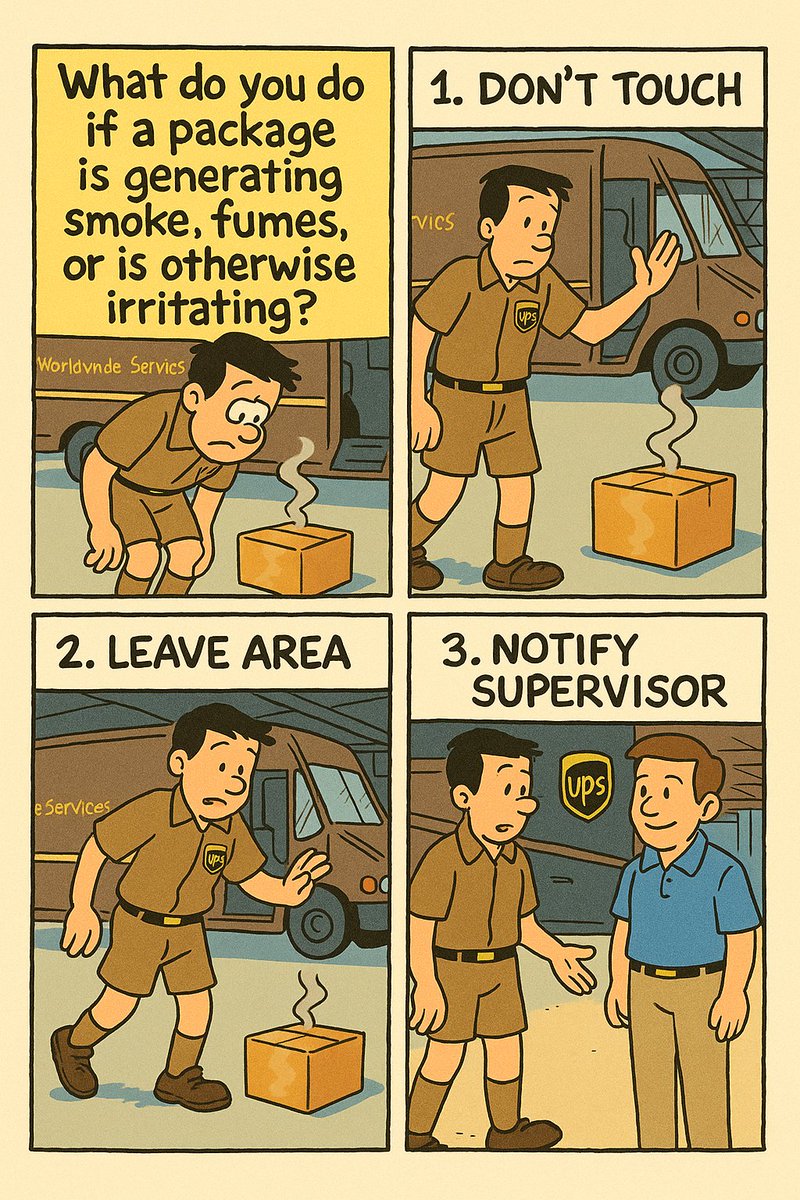 Cerritos Feeder Safety Team (@upscercasafety) on Twitter photo Hazardous Package?
1-Don't Touch
2-Leave Area and
3-Notify Supervisor
#hazmat #upsdriver <a href="/UPS/">UPS</a> <a href="/28a234fcab2245f/">Heather Roberts π</a> <a href="/kndragonfly/">Kim Newton</a> <a href="/markagonzalez/">Mark A. Gonzalez</a> <a href="/NorCal_Humans/">NorCal Humans</a> <a href="/SafetyTeam3/">Safety Dude</a> Hazardous Package?
1-Don't Touch
2-Leave Area and
3-Notify Supervisor
#hazmat #upsdriver <a href="/UPS/">UPS</a> <a href="/28a234fcab2245f/">Heather Roberts π</a> <a href="/kndragonfly/">Kim Newton</a> <a href="/markagonzalez/">Mark A. Gonzalez</a> <a href="/NorCal_Humans/">NorCal Humans</a> <a href="/SafetyTeam3/">Safety Dude</a>