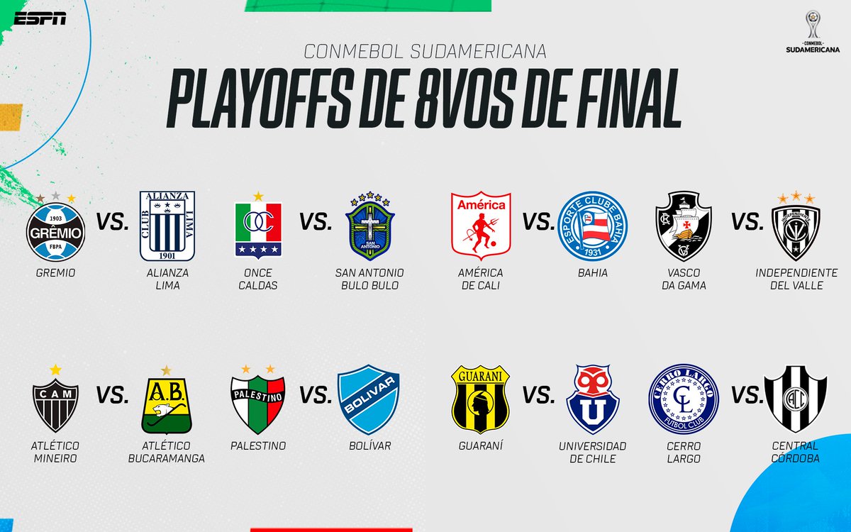Los playoffs de la Copa Sudamericana

Bucaramanga vs Atlético Mineiro🇧🇷
América vs Bahía🇧🇷
Once Caldas vs San Antonio Bulo Bulo🇧🇴

📸<a href="/ESPNArgentina/">ESPN Argentina</a>