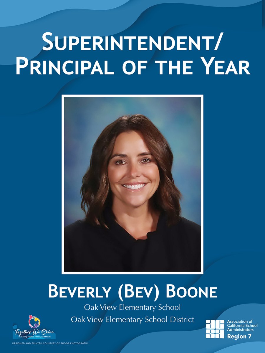 ACSA Region 7 (@acsaregion7) on Twitter photo Congratulations to Beverly Boone for being named Region 7's Superintendent/Principal of the Year.  Bev is the Superintendent/Principal for the Oak View Elementary School District. She was honored at the Region 7 Annual Spring Conference In So. Lake Tahoe. Congratulations to Beverly Boone for being named Region 7's Superintendent/Principal of the Year.  Bev is the Superintendent/Principal for the Oak View Elementary School District. She was honored at the Region 7 Annual Spring Conference In So. Lake Tahoe.