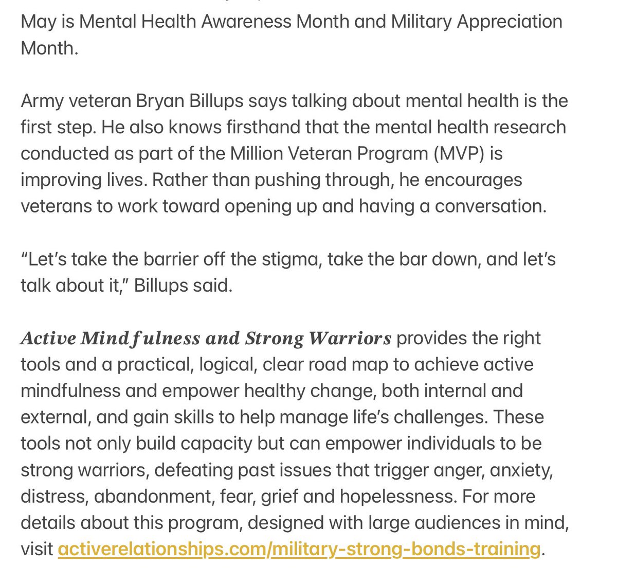 May is Mental Health Awareness Month &amp; Military Appreciation Month. 

Veteran Bryan Billups says talking about mental health is the first step. He knows that the mental health research conducted as part of the Million Veteran Program is improving lives. tinyurl.com/ARCMentalHealt…