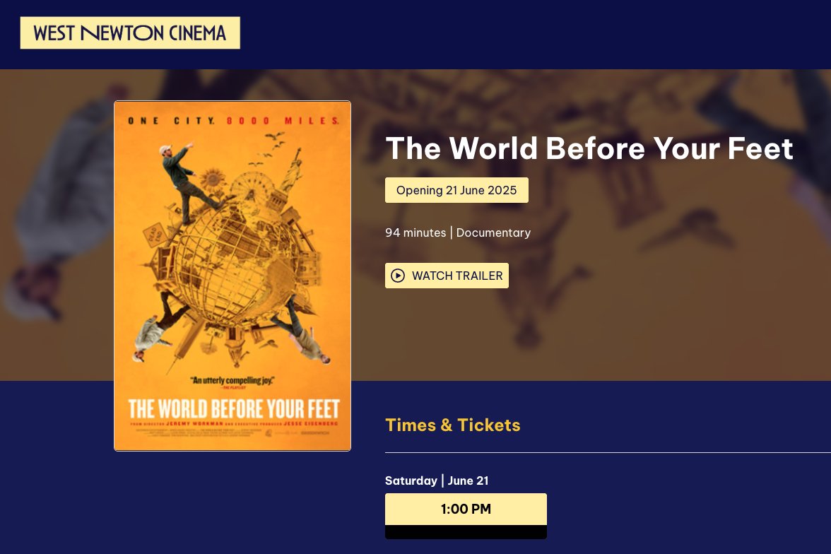 jeremyworkman's tweet image. The RETURN of The World Before Your Feet to theaters begins on June 21, 2025 at West Newton Cinema A special event screening followed by a WALK with MATT GREEN! Saturday 6/21 at 1pm. hope you can join us.
westnewtoncinema.com/movie/the-worl…