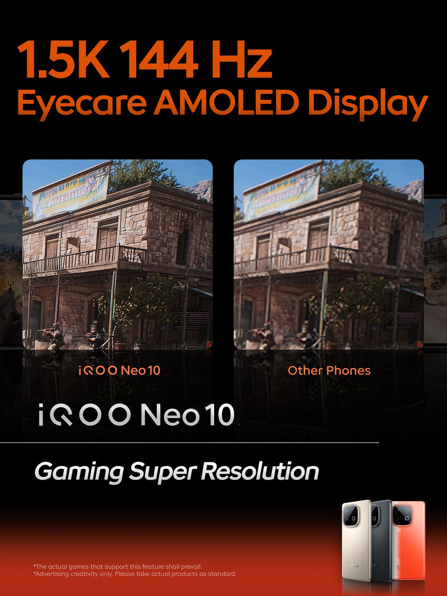You never thought a phone could deliver such vivid visuals.
#iQOONeo10 packs a 1.5K 144 Hz Eyecare AMOLED display and Game Super Resolution for next-level, razor-sharp graphics.

#iQOO #PowerToWin