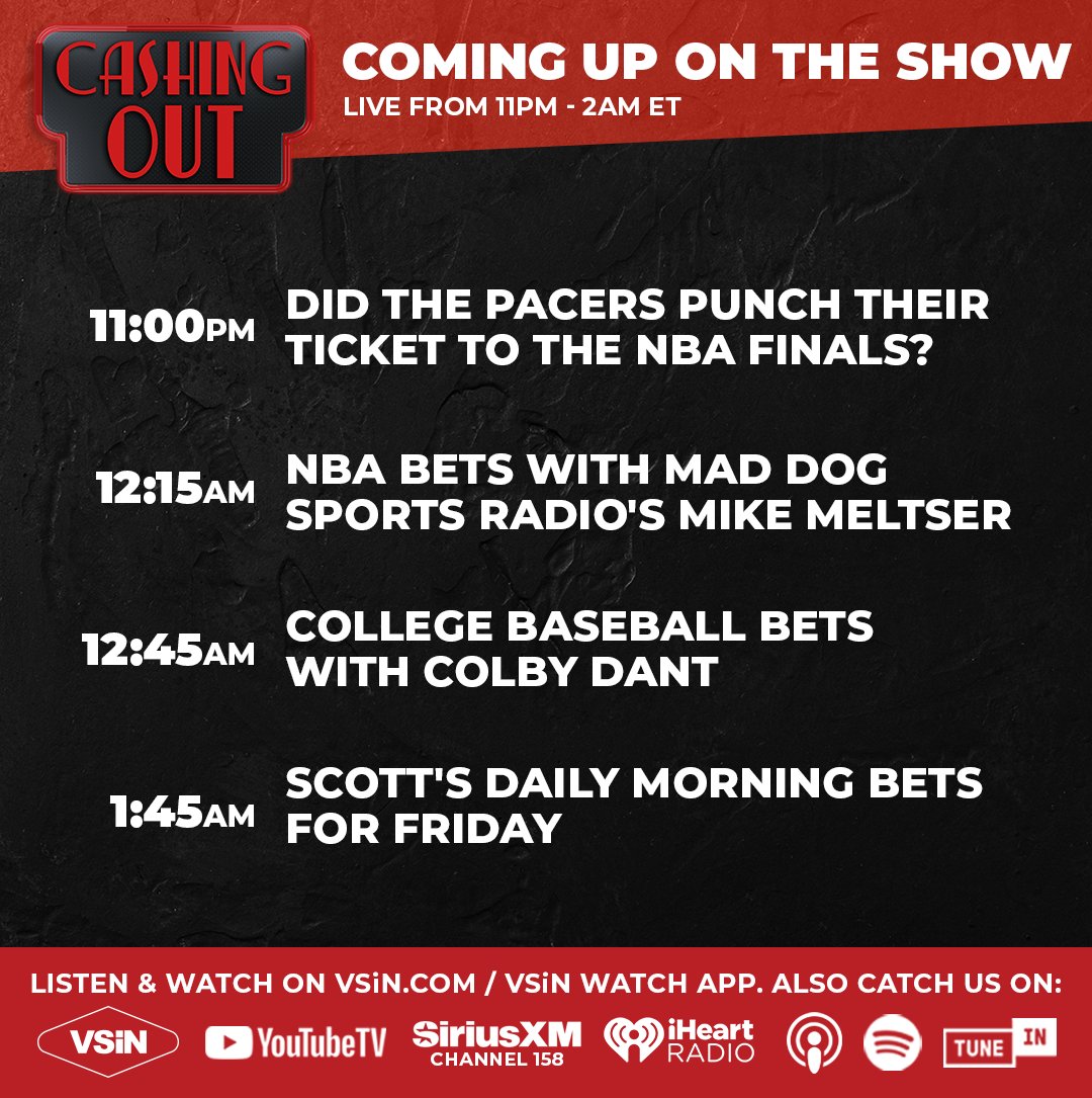 VSiN (@vsinlive) on Twitter photo Cashing Out with <a href="/ScottsOnAir/">Scott Seidenberg</a> comes your way at 11pm ET.
Knicks force Game 6, Oilers advance to Stanley Cup Final, plus MLB, NHL/NBA previews, & more!
Guests: <a href="/mackenrivers/">MacKenzie Rivers</a> <a href="/MikeMeltser/">Mike Meltser</a> <a href="/TheColbyD/">Colby Dant</a> <a href="/GUnit_81/">Greg Peterson</a>
Watch Live: vsin.com/shows/vsin-liv… Cashing Out with <a href="/ScottsOnAir/">Scott Seidenberg</a> comes your way at 11pm ET.
Knicks force Game 6, Oilers advance to Stanley Cup Final, plus MLB, NHL/NBA previews, & more!
Guests: <a href="/mackenrivers/">MacKenzie Rivers</a> <a href="/MikeMeltser/">Mike Meltser</a> <a href="/TheColbyD/">Colby Dant</a> <a href="/GUnit_81/">Greg Peterson</a>
Watch Live: vsin.com/shows/vsin-liv…