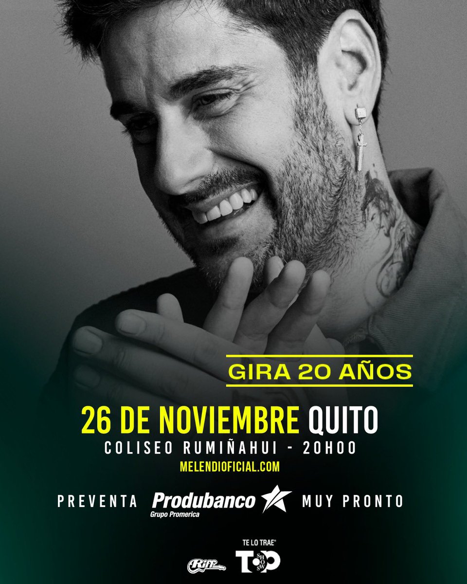 🙌🏻 ¡Quito será parte de esta gran celebración! 🎉 
Vuelve a Ecuador el favorito de todos MELENDI con su gira más exitosa “20 años”. 💙💙

Festejemos juntos dos décadas de música, recuerdos y emociones compartidas con lo mejor de su música. 

MELENDI 🙌🏻
Una noche para