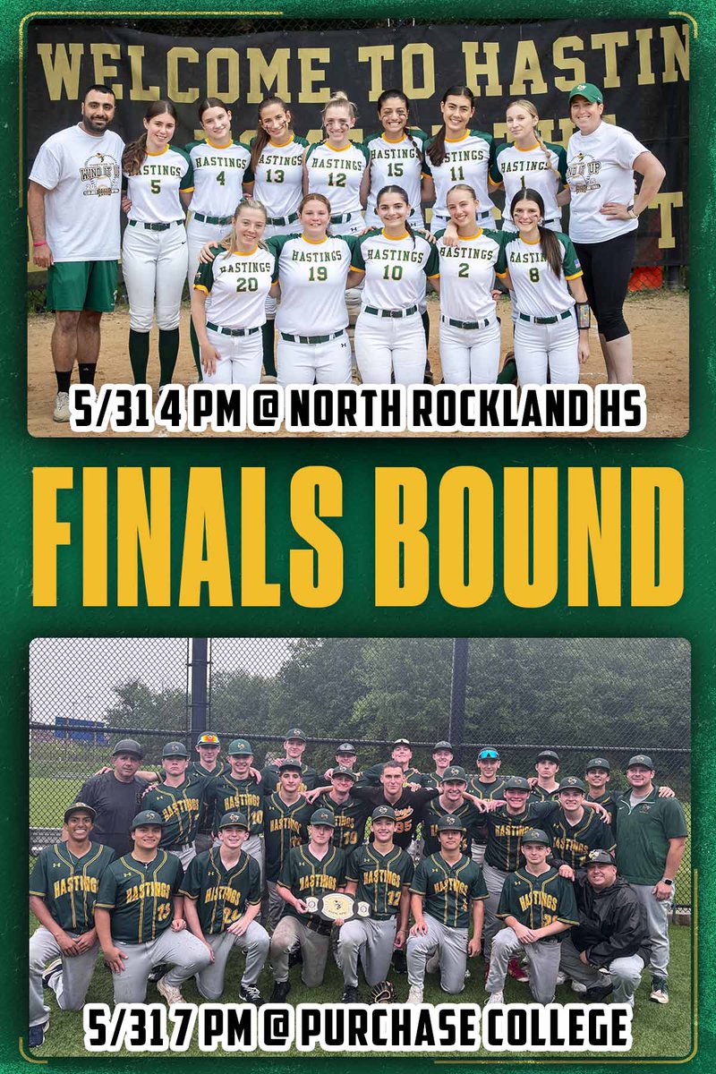 Hastings Athletics (@hohathletics) on Twitter photo 🚨🚨FINALS BOUND🚨🚨
HUGE CONGRATULATIONS TO OUR VARSITY SOFTBALL (<a href="/HoHSoftball/">Hastings Softball</a>) AND OUR VARSITY BASEBALL (<a href="/Hoh9stings/">Hastings Varsity Baseball</a>) FOR EARNING THEIR SPOT IN THE SECTION ONE CLASS B FINALS ON SATURDAY, 5/31!!!!!
SOFTBALL: 4 PM @ NORTH ROCKLAND HS
BASEBALL: 7 PM @ PURCHASE COLLEGE 🚨🚨FINALS BOUND🚨🚨
HUGE CONGRATULATIONS TO OUR VARSITY SOFTBALL (<a href="/HoHSoftball/">Hastings Softball</a>) AND OUR VARSITY BASEBALL (<a href="/Hoh9stings/">Hastings Varsity Baseball</a>) FOR EARNING THEIR SPOT IN THE SECTION ONE CLASS B FINALS ON SATURDAY, 5/31!!!!!
SOFTBALL: 4 PM @ NORTH ROCKLAND HS
BASEBALL: 7 PM @ PURCHASE COLLEGE