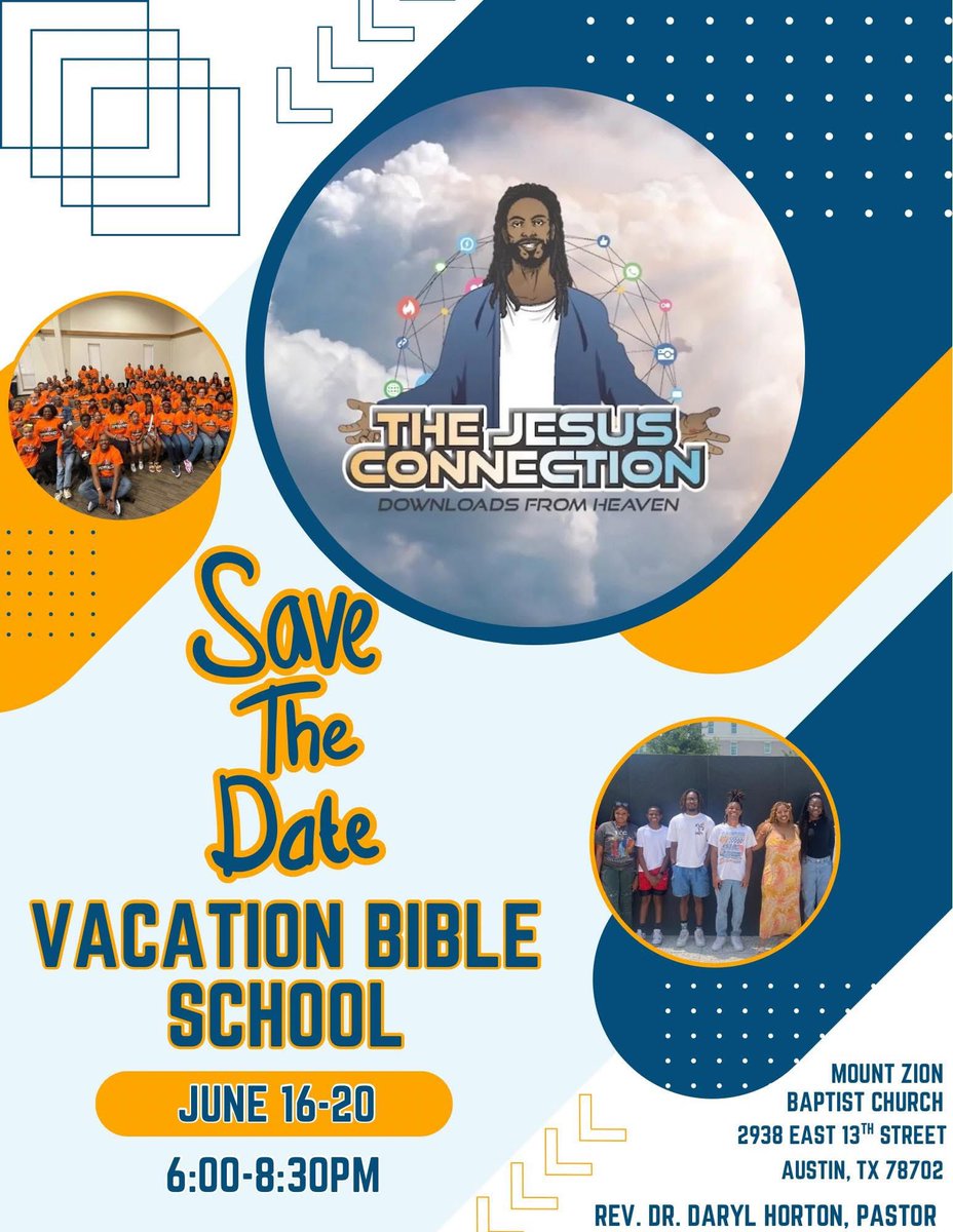 TiffHolmesWhite's tweet photo. Save the Date! Please join us for Vacation Bible School starting with 5pm dinner, followed by Bible Study, Get Moving and Music classes each night for all ages ~from toddlers to adults! See ya’ll there! #GodBlessVBS #TheJesusConnection #DownloadsFromHeaven #MtZionVBS https://t.co/Y29BMKTQAH