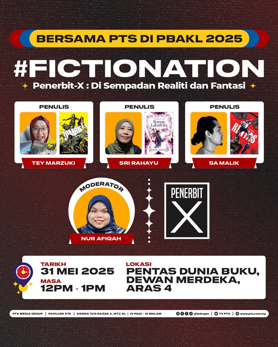 Penerbit X dengan sukacitanya menjemput anda ke sesi Perkongsian Bersama Penulis yang menampilkan tiga penulis hebat tanah air iaitu Tey Marzuki, Sri Rahayu, dan S.A. Malik dengan tajuk Penerbit-X: Di Sempadan Realiti dan Fantasi.

Dengarkan kisah perjalanan penulisan mereka dari