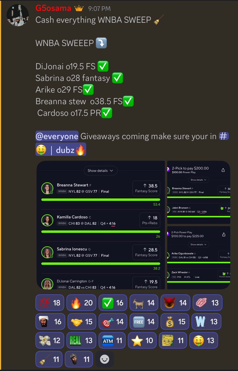G5Pickss's tweet image. $20 to one random person who likes, retweets, and comments any payment method ❤️⤵️

We swept the whole WNBA board  and cashed the 10x🧹

$80👉🏽$800😳😳😳

Link to discord below 👇🏽 
discord.gg/G5Venypx
