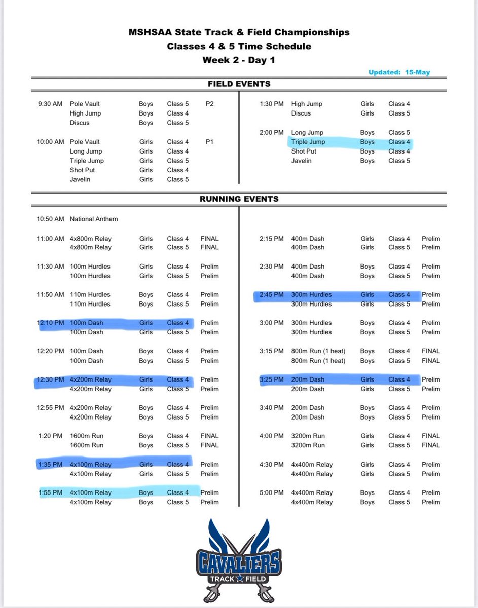 Tomorrow is the first day of state track &amp; field championships. Your Cavaliers will be competing at the following highlighted times. Please join us in cheering on your Cavs!