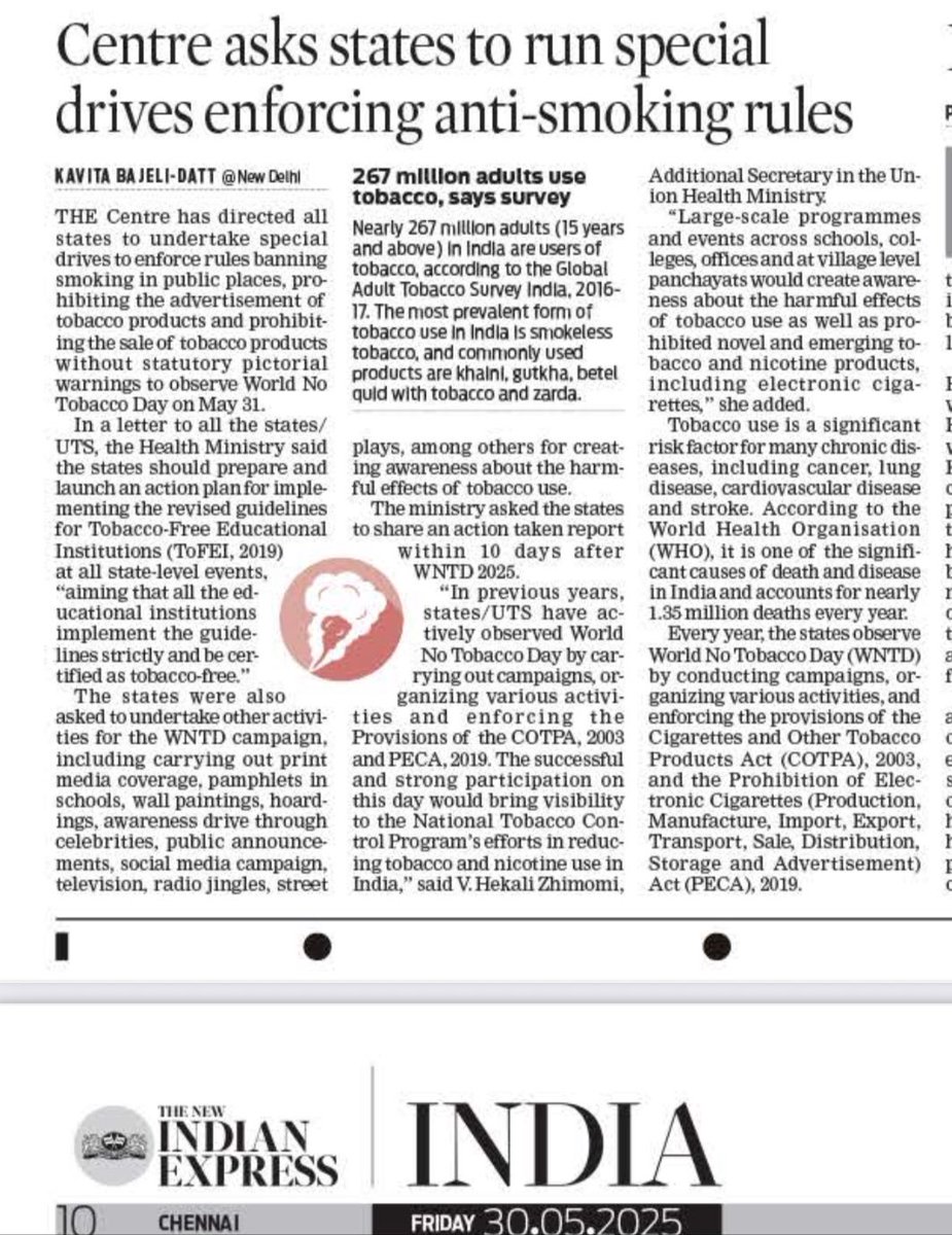 Kavita Bajeli-Datt (@kavitadatt) on Twitter photo Centre asks states to run special drives enforcing anti-smoking rules
<a href="/NewIndianXpress/">The New Indian Express</a> <a href="/TheMornStandard/">TheMorningStandard</a> <a href="/MoHFW_INDIA/">Ministry of Health</a> <a href="/JPNadda/">Jagat Prakash Nadda</a> <a href="/OfficeofJPNadda/">Office of JP Nadda</a> Centre asks states to run special drives enforcing anti-smoking rules
<a href="/NewIndianXpress/">The New Indian Express</a> <a href="/TheMornStandard/">TheMorningStandard</a> <a href="/MoHFW_INDIA/">Ministry of Health</a> <a href="/JPNadda/">Jagat Prakash Nadda</a> <a href="/OfficeofJPNadda/">Office of JP Nadda</a>