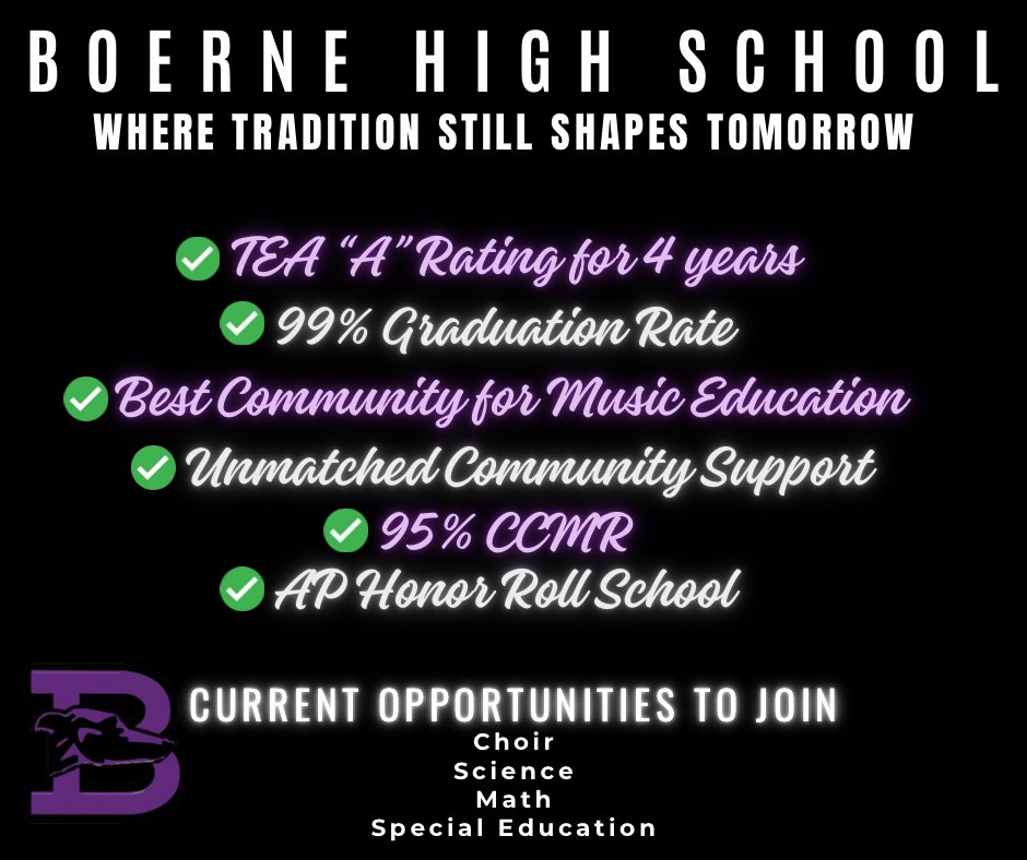 Boerne High School (@boernehs) on Twitter photo π’Boerne HS - βWhere tradition still shapes tomorrowβ
πJoin our team! Come be a part of one of the top all around high schools in Texas! We are looking for Choir, Science, Math, and Special Education teachers!π
Apply here:
boerneisd.schoolspring.com
<a href="/BoerneISD/">Boerne ISD</a> <a href="/kristincraftTX/">Kristin Craft, Ed.D.</a> π’Boerne HS - βWhere tradition still shapes tomorrowβ
πJoin our team! Come be a part of one of the top all around high schools in Texas! We are looking for Choir, Science, Math, and Special Education teachers!π
Apply here:
boerneisd.schoolspring.com
<a href="/BoerneISD/">Boerne ISD</a> <a href="/kristincraftTX/">Kristin Craft, Ed.D.</a>