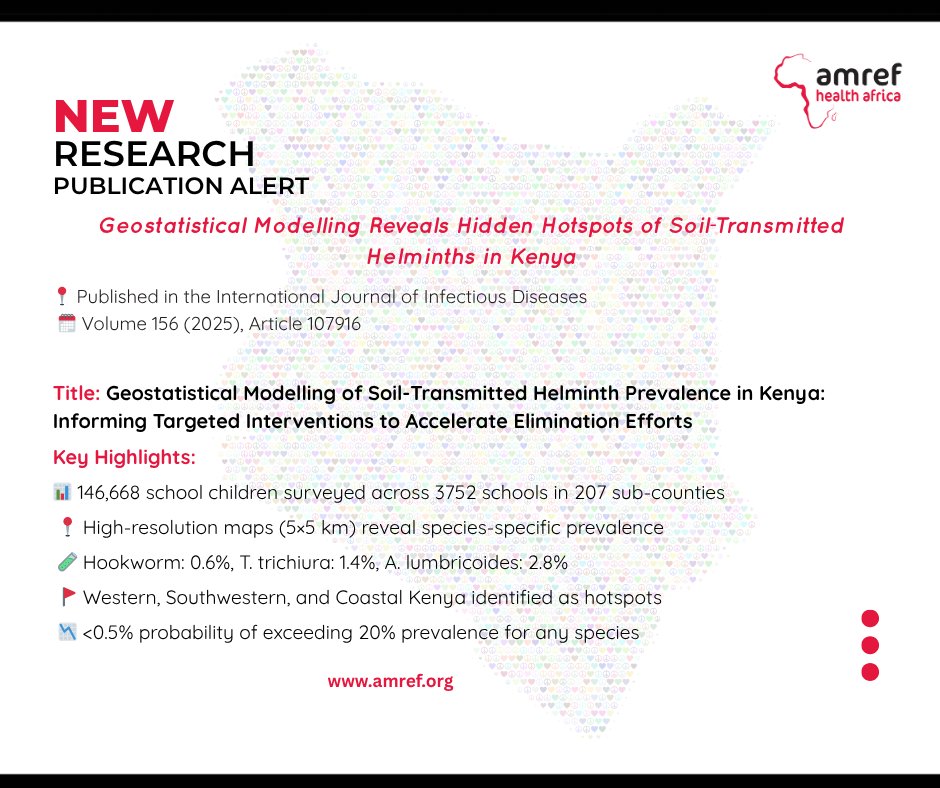 Amref Health Africa in Kenya (@amref_kenya) on Twitter photo 🎯 Precision Public Health in Action
A new study maps worm infections (STH) across Kenya with remarkable detail using advanced data modelling.
In a joint effort by @UoNbi, <a href="/KEMRI_Kenya/">Kenya Medical Research Institute</a>, @AmrefHealthAfrica, <a href="/TheENDFund/">The END Fund</a>, and <a href="/MOH_Kenya/">Ministry of Health</a>, data from 146,000+ children across 3,752 🎯 Precision Public Health in Action
A new study maps worm infections (STH) across Kenya with remarkable detail using advanced data modelling.
In a joint effort by @UoNbi, <a href="/KEMRI_Kenya/">Kenya Medical Research Institute</a>, @AmrefHealthAfrica, <a href="/TheENDFund/">The END Fund</a>, and <a href="/MOH_Kenya/">Ministry of Health</a>, data from 146,000+ children across 3,752