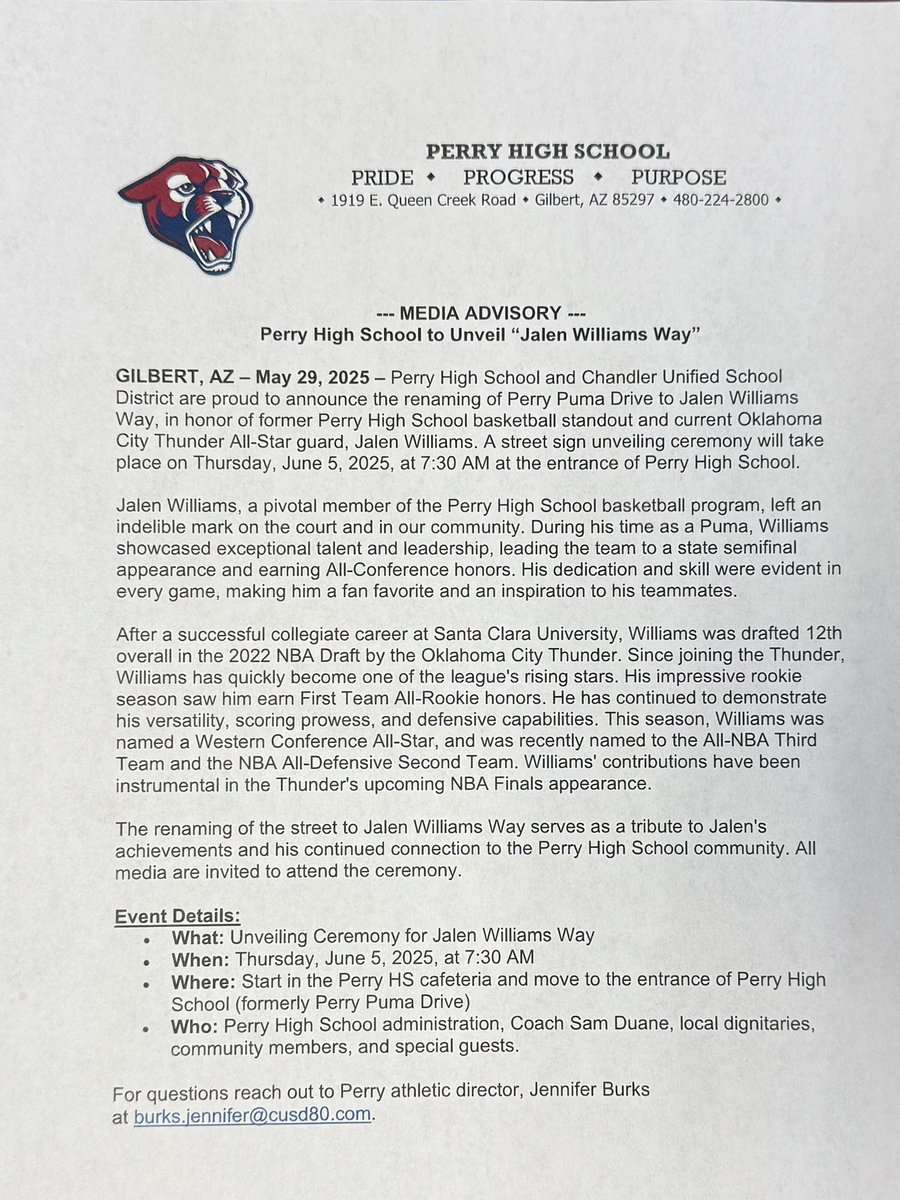 Perry High Athletics (@perry_pumas) on Twitter photo Can’t wait to honor Perry alum and <a href="/okcthunder/">OKC THUNDER</a> guard, Jalen Williams, with Jalen Williams Way!!!
Even more excited to watch him play in the <a href="/NBA/">NBA</a> Finals next Thursday!!!
<a href="/PerryPumas07/">PERRY HIGH SCHOOL</a> <a href="/PerryPumaMBB/">Puma Mens Basketball</a> <a href="/jdubwttp/">therealjalenwilliams</a>
⬇️⬇️⬇️ Can’t wait to honor Perry alum and <a href="/okcthunder/">OKC THUNDER</a> guard, Jalen Williams, with Jalen Williams Way!!!
Even more excited to watch him play in the <a href="/NBA/">NBA</a> Finals next Thursday!!!
<a href="/PerryPumas07/">PERRY HIGH SCHOOL</a> <a href="/PerryPumaMBB/">Puma Mens Basketball</a> <a href="/jdubwttp/">therealjalenwilliams</a>
⬇️⬇️⬇️