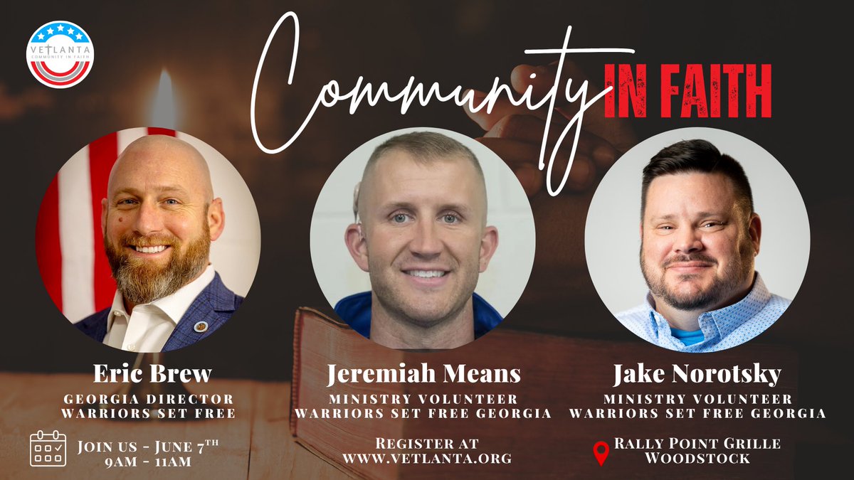 Please join us for an inspirational session in Woodstock, GA at Rally Point Grill on Saturday, June 7th starting at 9:00am.
#vetlanta
#warriorssetfree
#veterans
#FirstResponders