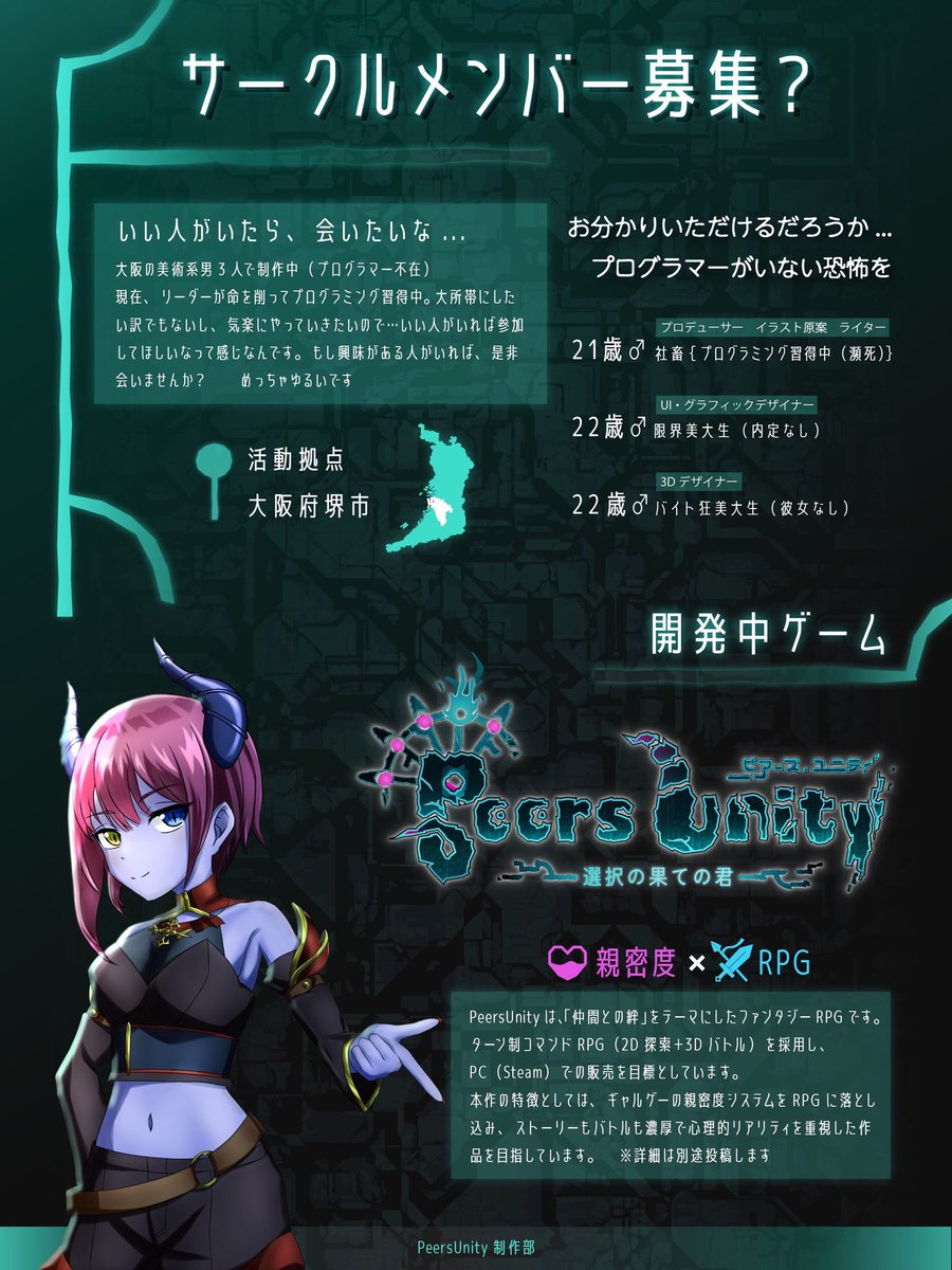 PeersUnity449's tweet image. ヒーロー求む_:(´ཀ`」 ∠)...でも気楽にやりたいので怖い人はちょっと...

そんな中でのメンバー募集！
プログラマーじゃなくてもライターもイラストレーターいないので興味がある人はDMください...お願い

#ゲームプログラマー #ゲーム制作
#プログラミング初心者
#インディーゲーム開発
#unity