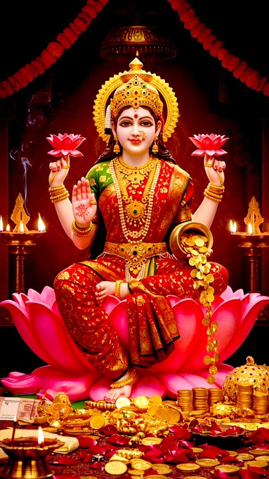 The image depicts a beautifully detailed statue of Devi Lakshmi, the Hindu goddess of prosperity and dharma, seated on a large pink lotus flower. She is adorned in a rich red sari with gold accents, symbolizing wealth and auspiciousness. Lakshmi is shown with four arms, each holding a lotus flower, which signifies purity and spiritual awakening. She is surrounded by an array of gold coins and other symbols of wealth, emphasizing her association with abundance. The background is dark, with red and gold decorations, enhancing the divine and sacred atmosphere. The post text explains that in Sanatana Dharma, wealth encompasses more than just currency; it includes values, character, health, knowledge, and spiritual merit, providing a deeper significance to the worship of Lakshmi, especially on Fridays.