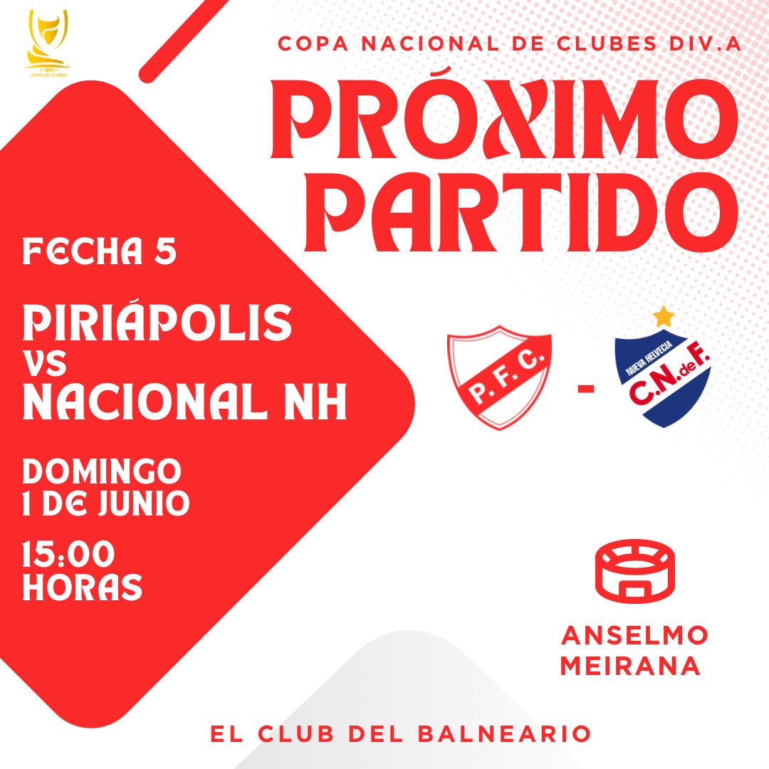 𝑽𝒐𝒍𝒗𝒆𝒎𝒐𝒔 𝒂 𝒄𝒂𝒔𝒂 ⚪️🔴⚪️ 

🆚Nacional (nueva helvecia) 
📆Domingo 1 de Junio 
⏰15:00 horas 
🏟️Estadio Anselmo Meirana 

Nos vemos el domingo en el Anselmo alentando todos al club del balneario!!! Vamo el Piria!!! 

#elclubdelbalneario #sigamoscreciendo #vamoslafranja