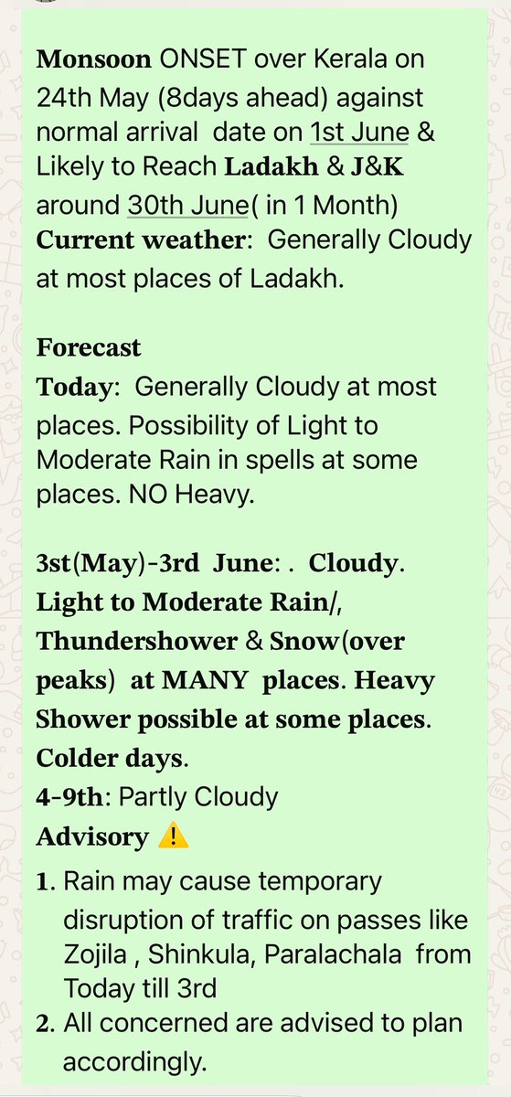 metcentreleh's tweet image. Weather Forecast LADAKH(30.5.25)
Weather set to remain Cloudy with Occasional #Rain & #Snow over peaks from Today till 3rd June at Most places of #Ladakh
MAY affect passes like Zojila Shinkula Paralachala Khardungla Changla during 31-2nd June.
#Stayupdated
#BeCatious
