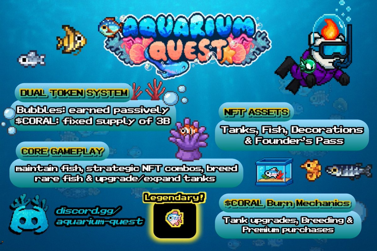 Do you know about <a href="/aquarium_quest/">Aquarium Quest</a>? If not, here’s a quick rundown 👇🏻
It’s still early to jump in! I’m super hyped about this project — backed by an amazing organic community!

🐟 Aquarium Quest Overview 🐟

A pixel-art idle game on Ronin Network where players collect, raise, and