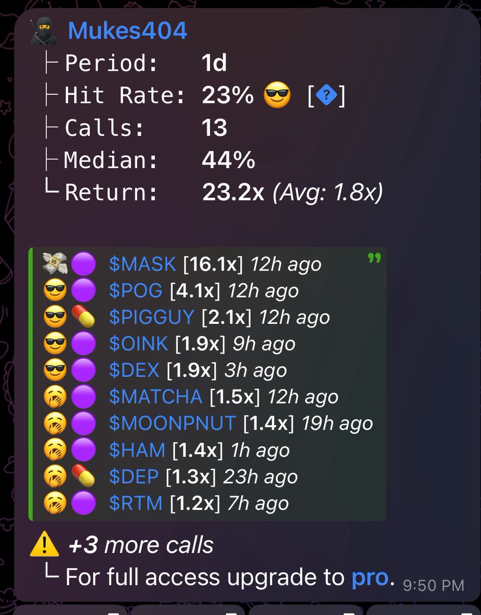 11/13 calls were profitable that is a 84% hit rate sir 😂

Another great day cookin in the private tg with my boys in the lab 

Very close to perfecting my strategies and will be making a challenge wallet soon for all to see

Join my tg I will never charge anybody for my calls, I