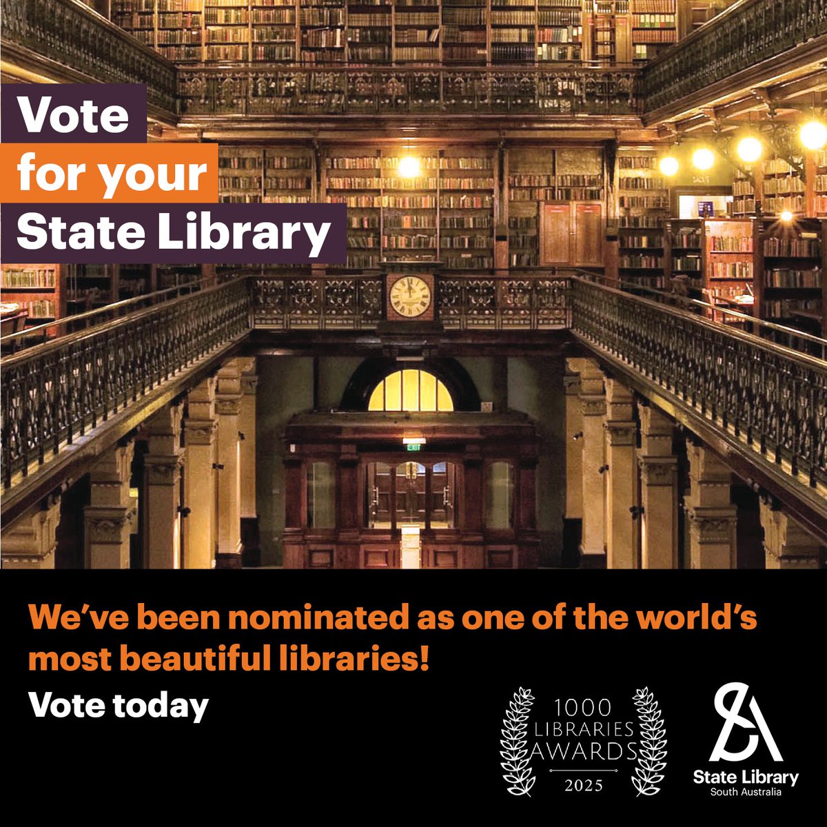 State Library of South Australia (@slsa) on Twitter photo We are excited to announce that the #StateLibrarySA has been nominated as one of the world’s most beautiful libraries in the 1000Libraries Awards. Now, we need your help to reach the top of the list. Vote now > bit.ly/VoteSLSA 
#MortlockChamber #libraries #SouthAustralia We are excited to announce that the #StateLibrarySA has been nominated as one of the world’s most beautiful libraries in the 1000Libraries Awards. Now, we need your help to reach the top of the list. Vote now > bit.ly/VoteSLSA 
#MortlockChamber #libraries #SouthAustralia