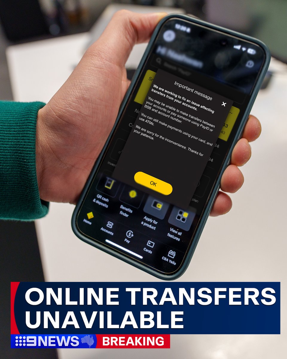Online fund transfers through the Commonwealth Bank app are currently unavailable, including those made via PayID.

The bank is aware of the issue and are working on a fix, but are advising that urgent transfers can still be made at ATMs. #9News

LATEST: nine.social/XQj