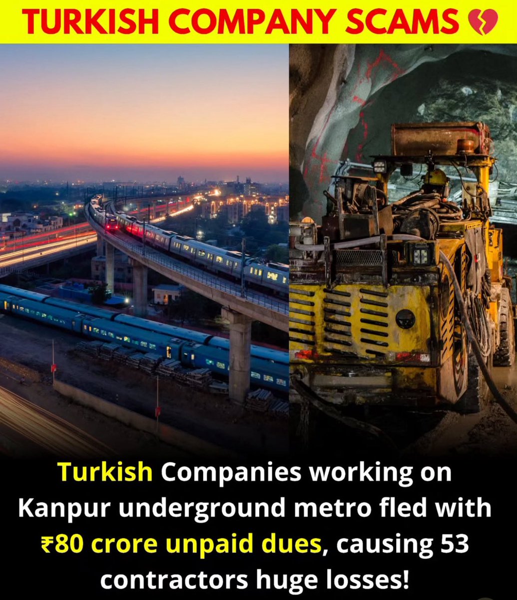 Kroshan4k's tweet image. Turkish Co. Gülermak allegedly flees Kanpur Metro project, leaving ₹80Cr unpaid to 53 subcontractors. Payments pending for 10 months, office locked, officials unresponsive. UPMRC claims it paid Gülermak, but subcontractors suffer. #KanpurMetro #Infrastructure #ContractorIssues