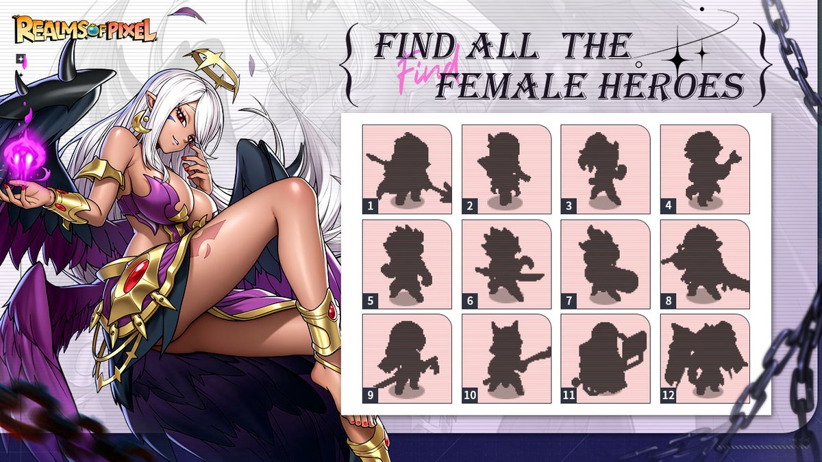 realmsofpixel's tweet photo. 😍Find All Your Waifus😍
-Event Rules-
🧐 Based on the silhouettes in the image, find all the female heroes!
✨ Submit your entry through the Google Form: https://t.co/CKbNOweBEp with your #Numbers + #CharacterID (tap your avatar to find it, e.g., 3000000000001).
🎁 All correct entries will receive Radiant Gem ×500!
-Event Duration-
⏰ May 30, 2025 - June 9, 2025, 23:59 (UTC-4)
-Notes-
⭐ Rewards will be sent directly via in-game mail, so make sure to include your Character ID in your comment.
⭐ Each account ID can participate once.
⭐ Prizes will be distributed within 7 days after the event ends.
⭐ The event organizers reserve the right to modify or adjust event details if necessary.
Good luck, adventurers! 🍀✨
#realmsofpixel #rpggames #CommunityEvent