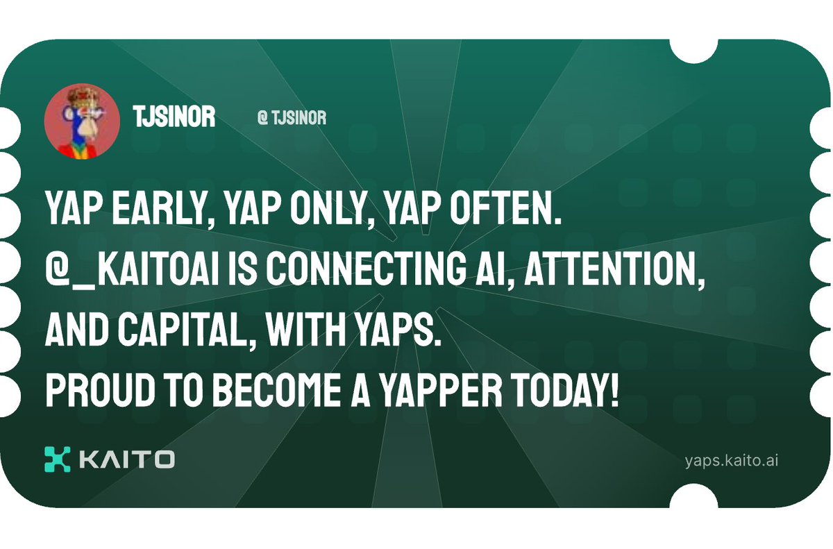 tjsinor's tweet photo. Yap early, yap only, yap often.

@KaitoAI is connecting AI, attention and capital with Yaps.

Just claimed my social card and I'm accumulating Yap points in real-time.

Claim yours 👉 https://t.co/UxnW3emDPr https://t.co/lurlNheZtl