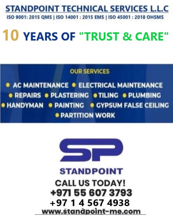 StandpPoint's tweet photo. We are a ISO Certified  Technical Services Firm. We Undertake Annual Maintenance Contracts&amp; Chargeable Services for Corporate Facilities,Warehouses,Retail Outlet Chains,Buildings,Villas etc. +971556073793 +971 4 5674938
@emaardubai
@jafzadubai
@diparkdxb
@BNIUAE
@DIC_Community https://t.co/brT5hkUlpn