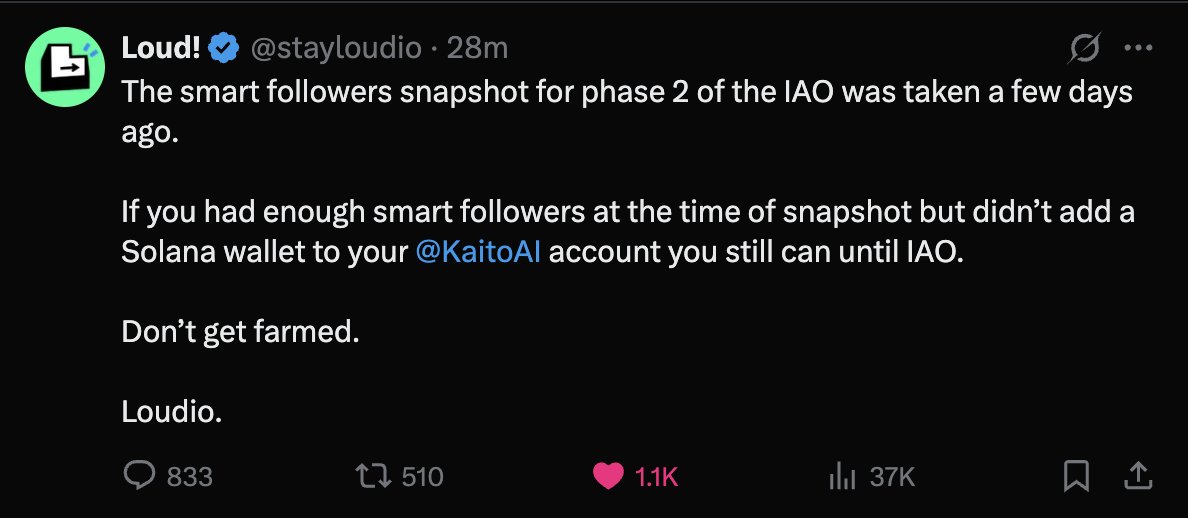 GM! 

Goddaym, for those who grinded for smart followers yesterday, sadly you won't be included in phase 2 for $LOUD

This is so good for those who are already part, little BOTTERS!! 

Make sure to link your solana wallet tho as not to lose your spot, you could be missing 6 figs.