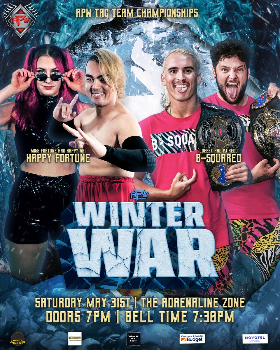 TOMORROW NIGHT at #WinterWar, B-Squared defend the APW Tag Team Championships against APW's hottest newest team, Happy Fortune!

Can LDeezy and PJ Redd fend off <a href="/happykaipro/">Happy Kai</a> and Miss Fortune, or will the upstart team score the upset?

STANDING ROOM ONLY 🎟 events.humanitix.com/apw-presents-w…