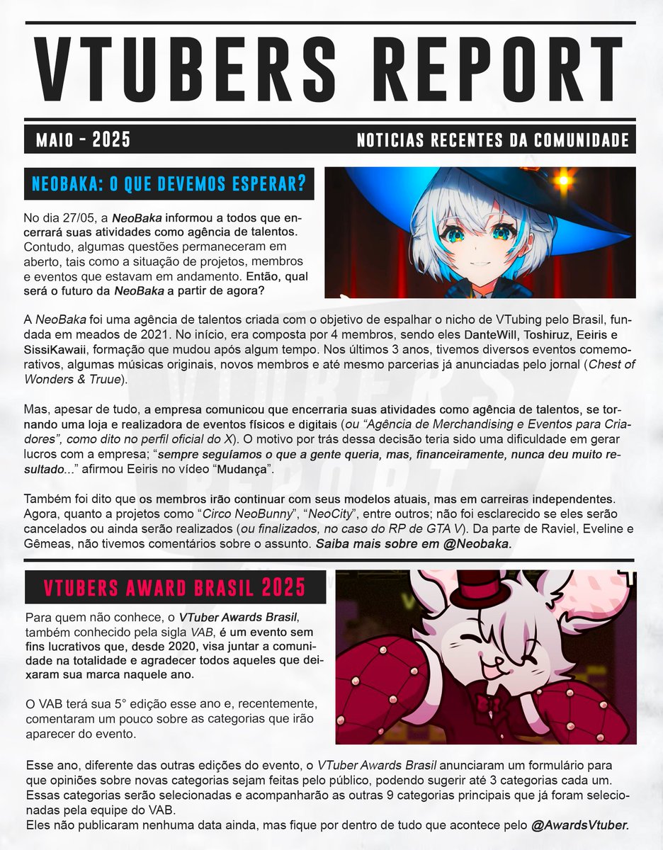 VTubersReport's tweet photo. - Mudanças na @neobaka, o que devemos esperar?  

- VTuber Awards Brasil (@AwardsVtuber) inicia caminho para 5° edição, teremos novas categorias

Confira todas as novidades agora com os "Reports da Semana": https://t.co/G1wbZGFE0H
