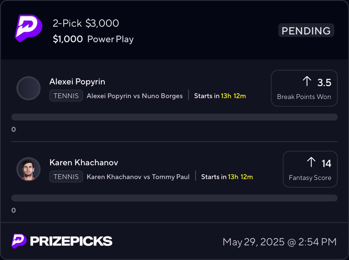 PrizePicks Tennis $3K 2-Man 🎾💥

Link to Copy: prizepicks.onelink.me/gCQS/shareEntr…

Reply if you’re tailing!