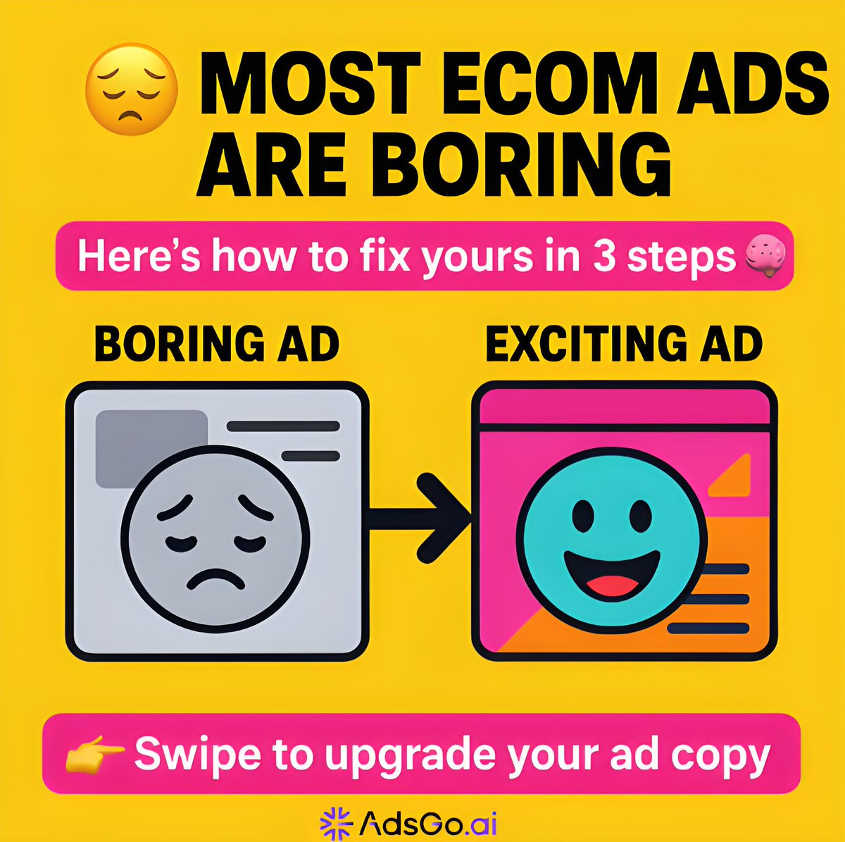 AdsGoOfficial's tweet image. 😩Most ecom ads are safe.
Safe is boring.
Boring = no clicks.
Here are 3 ways to upgrade your copy game 👇
(and how AdsGo.ai automates it all)
#copywritingtips #ecomads #adsgoai #aicopywriter #digitalads #adstrategy #marketingmemes #growthtools
