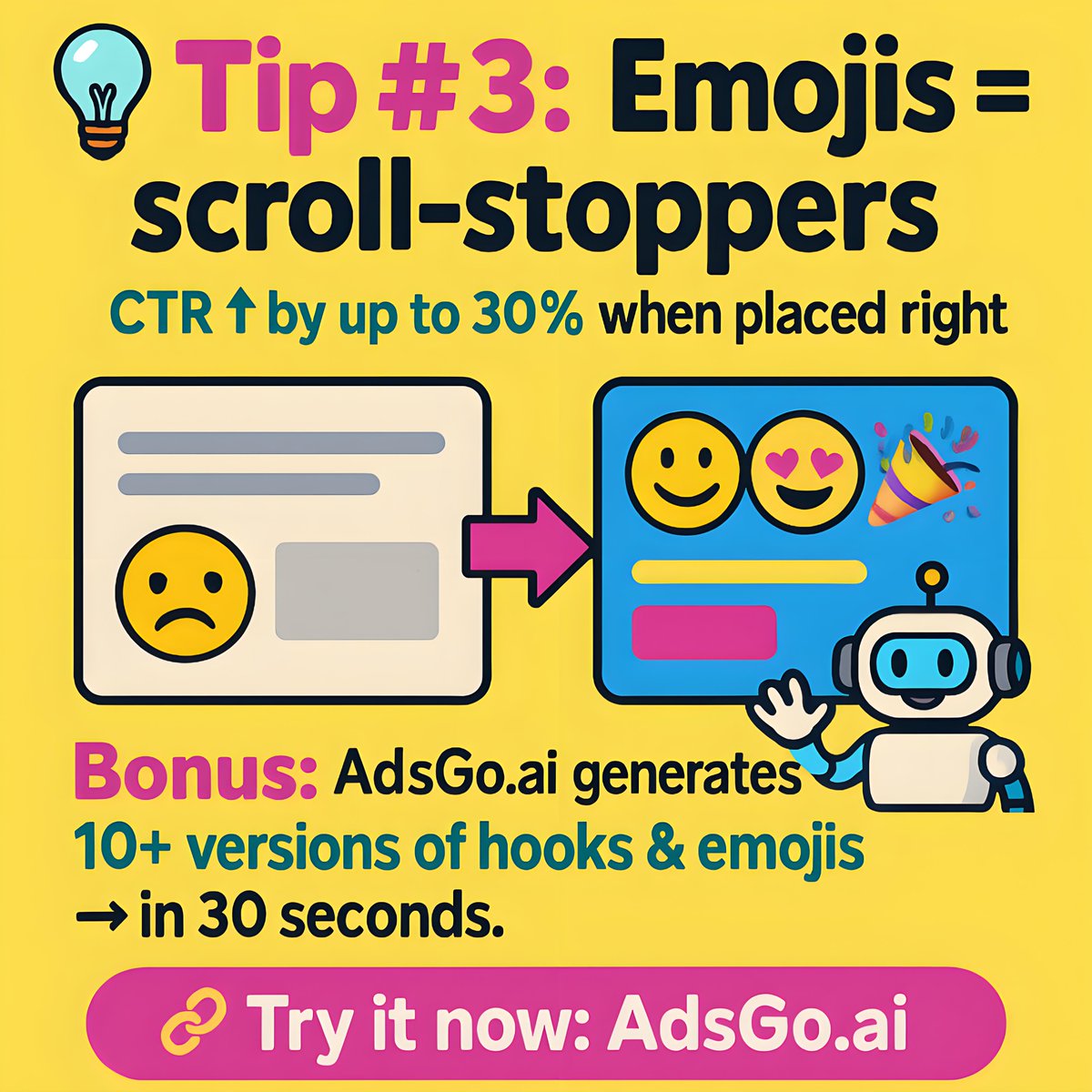 AdsGoOfficial's tweet image. 😩Most ecom ads are safe.
Safe is boring.
Boring = no clicks.
Here are 3 ways to upgrade your copy game 👇
(and how AdsGo.ai automates it all)
#copywritingtips #ecomads #adsgoai #aicopywriter #digitalads #adstrategy #marketingmemes #growthtools
