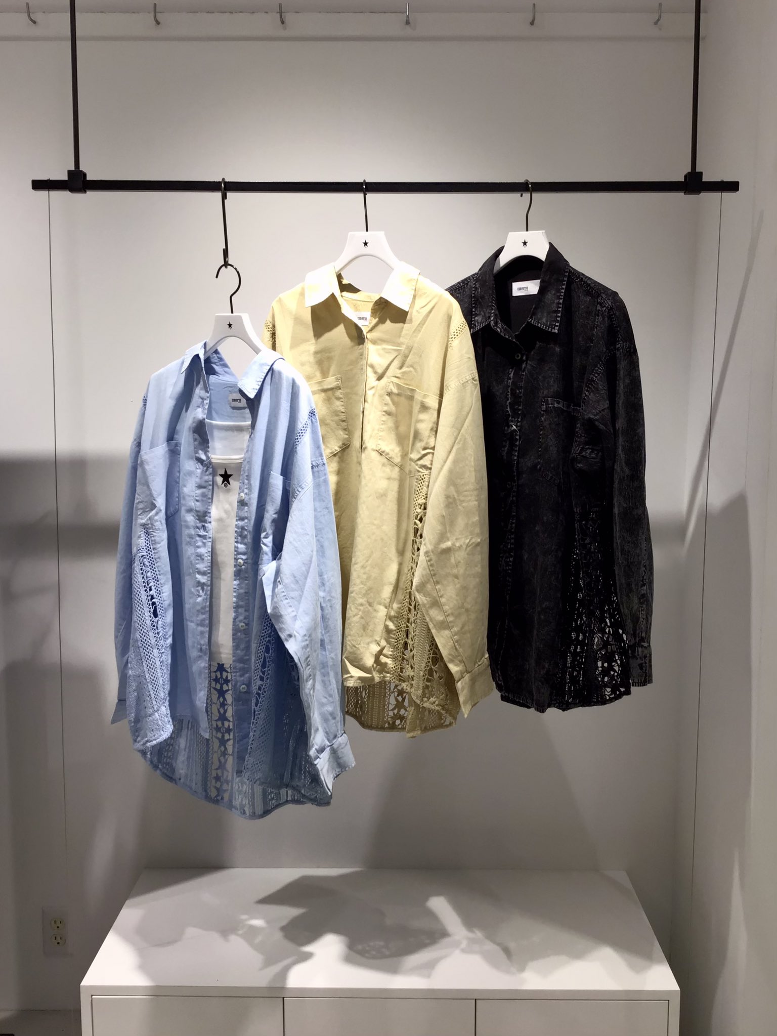 ブラウス シャツ 「STARLACE」ACID WASHING LACE DOCKING OVER SHIRT レディース メンズ STAR☆LACE】ACID WASHING LACE DOCKING OVER SHIRT（シャツ