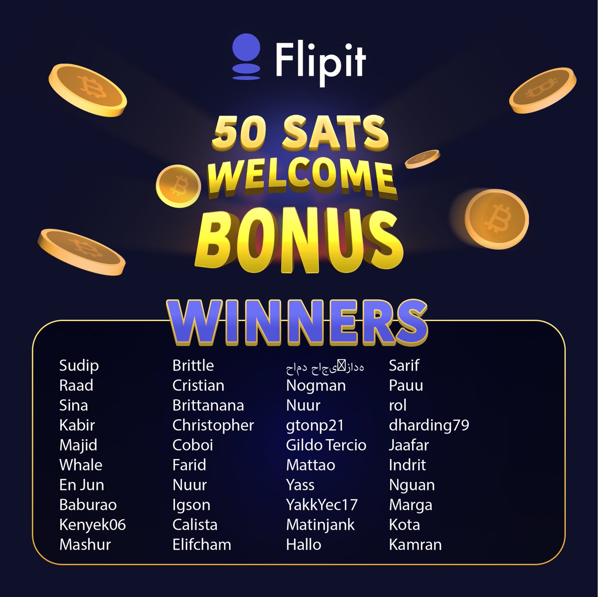 flip4btc's tweet photo. 🎉 Shoutout to our latest #Flipit winners!

50 #SAT bonuses just dropped into your #wallets — check now! 💸

It’s simple: You #play, you #win, and you get paid.

Not in yet?
Hop in and #start here: https://t.co/A6CGzH5yvs

#Bitcoin $BTC #Crypto #Blockchain #P2E #Telegram https://t.co/0oirHHoBbH