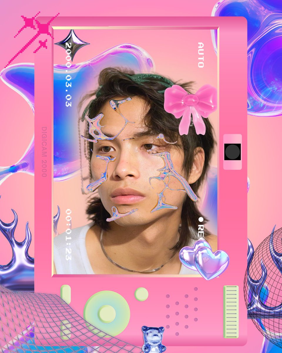 sethliaoartist's tweet photo. Y2k photoshoot in my bedroom 
I scanned my face use iPhone
Using blender to get the futuristic deco on my face
Putting asset and editing photos on canvas
 #PhotoshootExperiment #BlenderArt #DIYPhotography #FuturisticVibes https://t.co/T3QyO9GzTs
