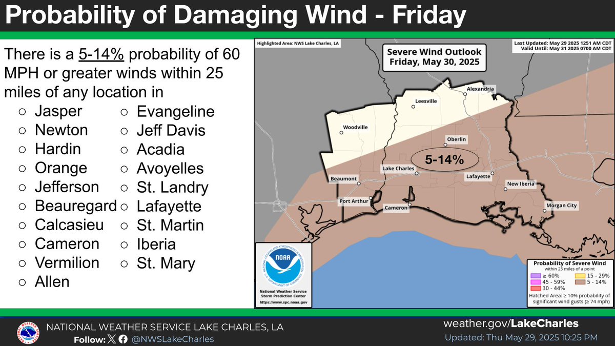 Good evening, 

On Friday there will be a Marginal risk of severe weather (level 1 of 5) across SE TX and SW LA.