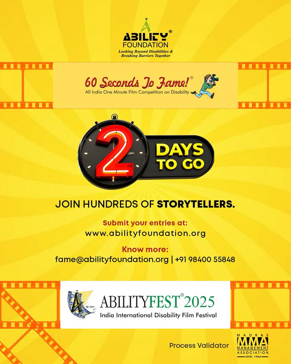 AbilityFoundation (@abilityfdn) on Twitter photo 2 Days to go!
Tell a powerful story in just one minute.
Participate in 60 Seconds to Fame! – All India One Minute Film Competition on Disability
Last date: 31 May 2025
Submit now: abilityfoundation.org
To Know More: fame@abilityfoundation.org | +91 98400 55848 2 Days to go!
Tell a powerful story in just one minute.
Participate in 60 Seconds to Fame! – All India One Minute Film Competition on Disability
Last date: 31 May 2025
Submit now: abilityfoundation.org
To Know More: fame@abilityfoundation.org | +91 98400 55848