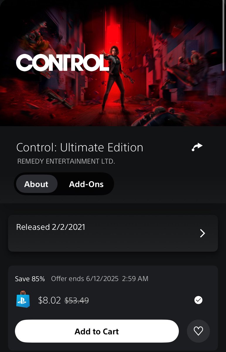 Her4ld0fDarknes's tweet image. Absolutely BONKERS sale on Control Ultimate Edition on PS5 right now btw!