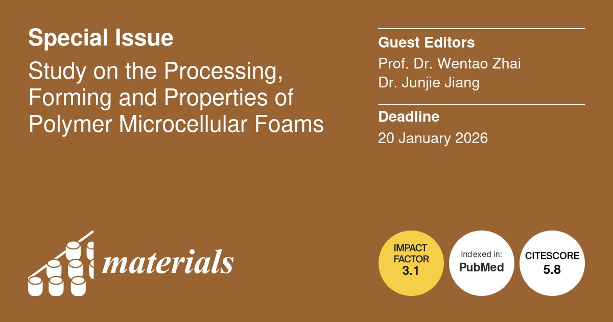 🎉 #New 𝐒𝐩𝐞𝐜𝐢𝐚𝐥 𝐈𝐬𝐬𝐮𝐞

✨ We are pleased to announce a Special Issue has been released:

"Study on the Processing, Forming and Properties of #Polymer Microcellular #Foams"

🔗mdpi.com/journal/materi…

🎇 Welcome to click and submit your manuscript!