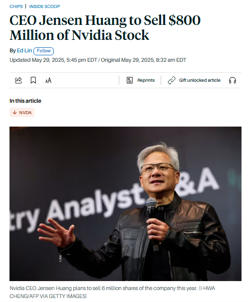 🚨 BREAKING : Allerta di Insider Trading: Il CEO di Nvidia, Jensen Huang, prevede di vendere azioni per oltre 800 milioni di dollari quest'anno.